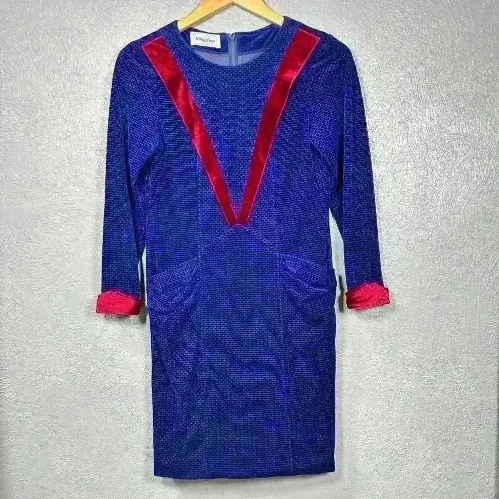 VINTAGE Ming Ying Japanese Blue Velour 1950s Mini Dress Long Sleeve Women Small